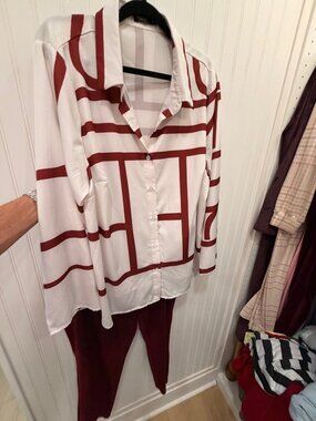 SHEIN Curve Geometric Print Shirt & Burgundy Pants Set – Size 4XL